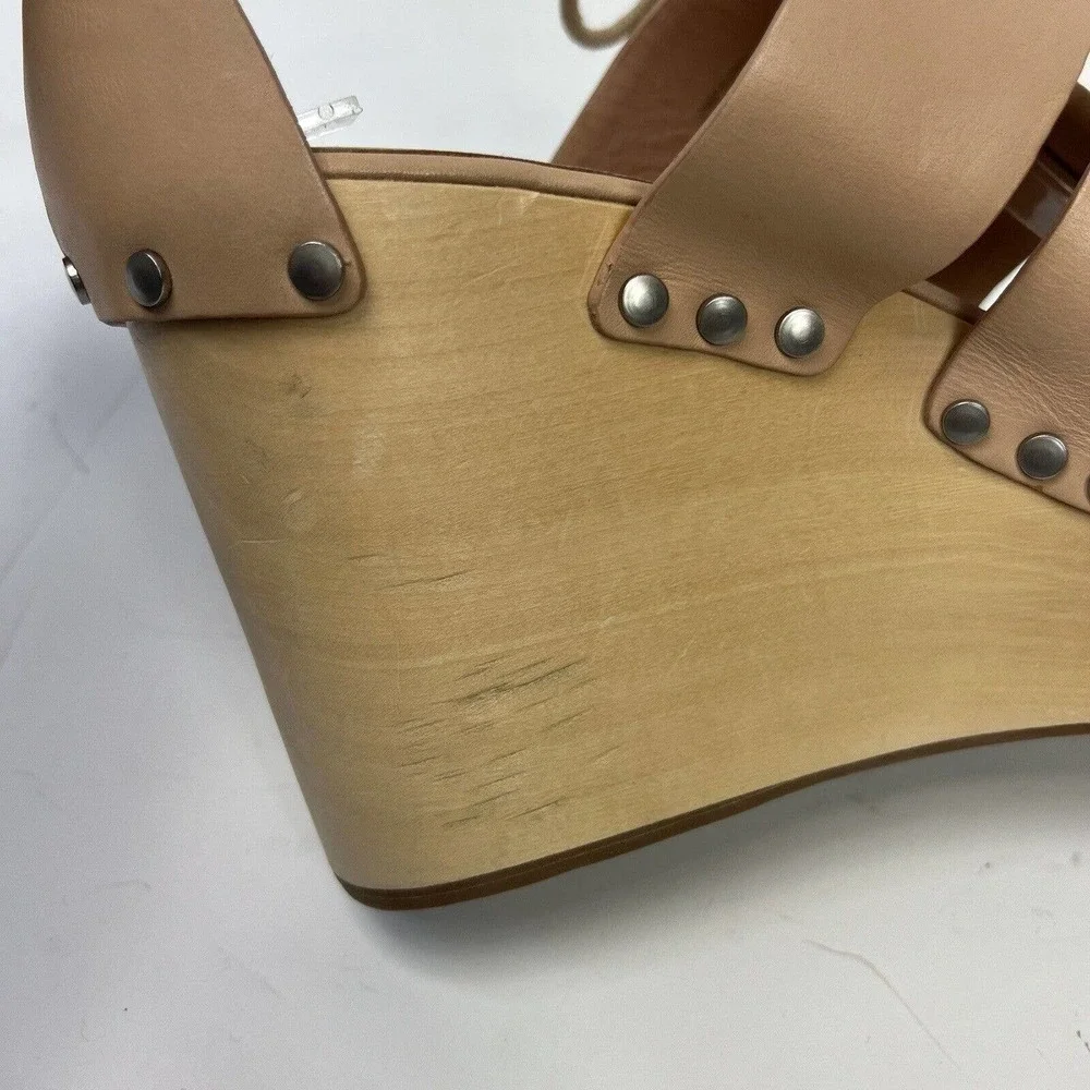 Loeffler Randall Ines Nude Lace Up Platform Wood Heel Sandals 9 Gladiator